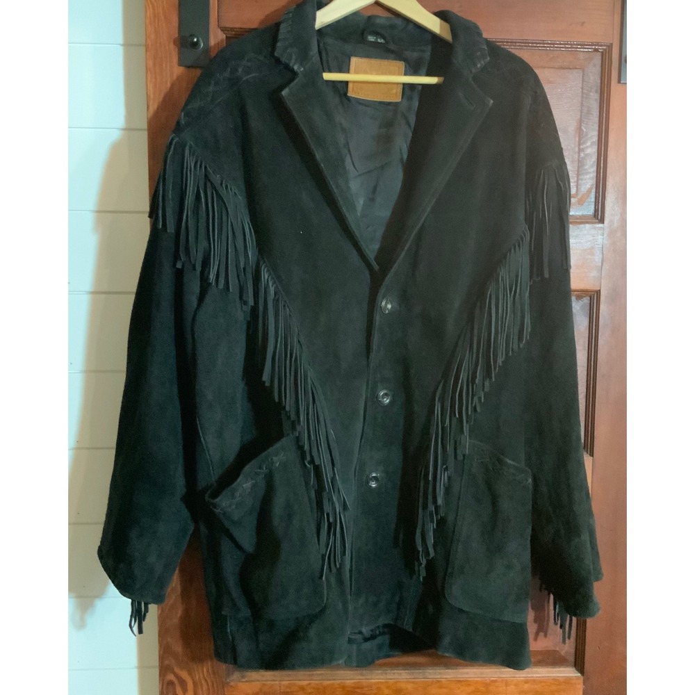 Zeidler & Zeidler Mens XL Black Suede Leather Fringe Western Cowboy Jacket EUC